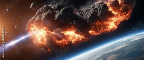 Asteroid burning up in space, with the earth in the background. photo