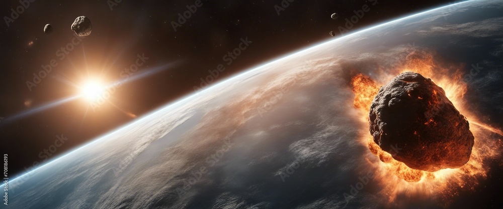 Obraz premium Asteroid burning up in space, with the earth in the background.