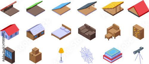 Garret icons set isometric vector. Attic loft. House room mansard