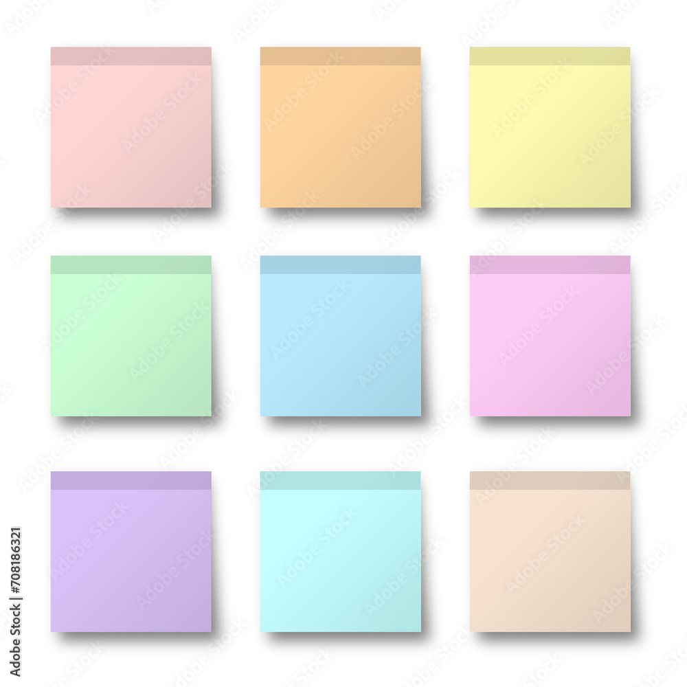 Different Color Sticky Note Set Isolated on Transparent Background
