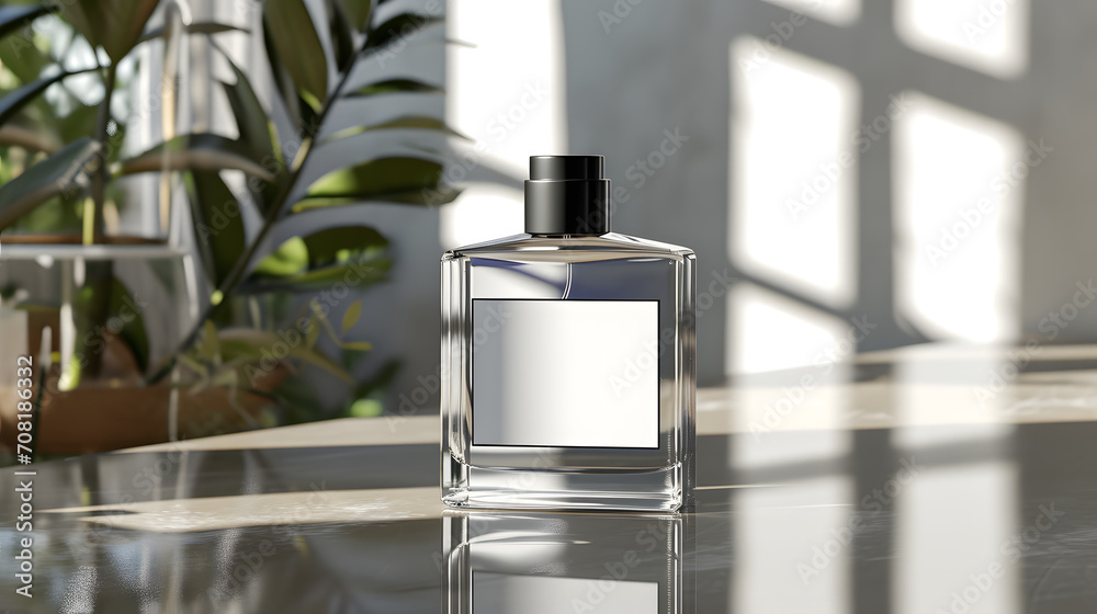 bottle of perfume with a blank white label on a glossy table mockup 