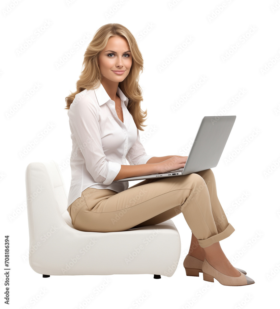 Naklejka premium Woman Sitting on Chair Using Laptop Isolated on Transparent Background