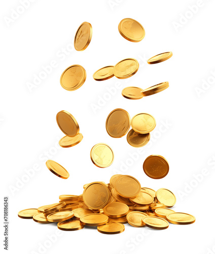 Falling Gold Coins on Pile Isolated on Transparent Background
