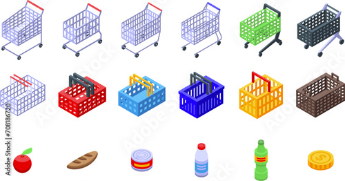 Consumer cart grocery icons set isometric vector. Shopping basket. Retail store photo