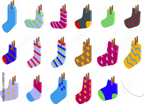 Clothesline sock icons set isometric vector. Drying rope pair. Hanging clothes