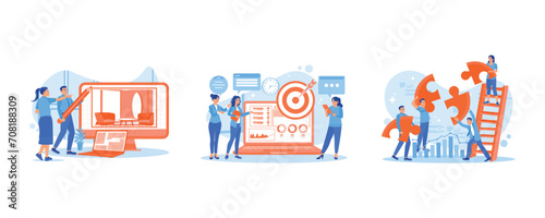 Create an office interior design. Make important decisions together. Teamwork concept. Employee Making concept. Set Flat vector illustration.