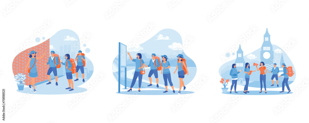 Guide and group of tourists. Read maps of tourist areas. Tour guide girl. Tourist Guide concept. Set Flat vector illustration. Guide and group of tourists. Read maps of tourist areas. Tour guide girl. Tourist Guide concept. Set Flat vector illustration.