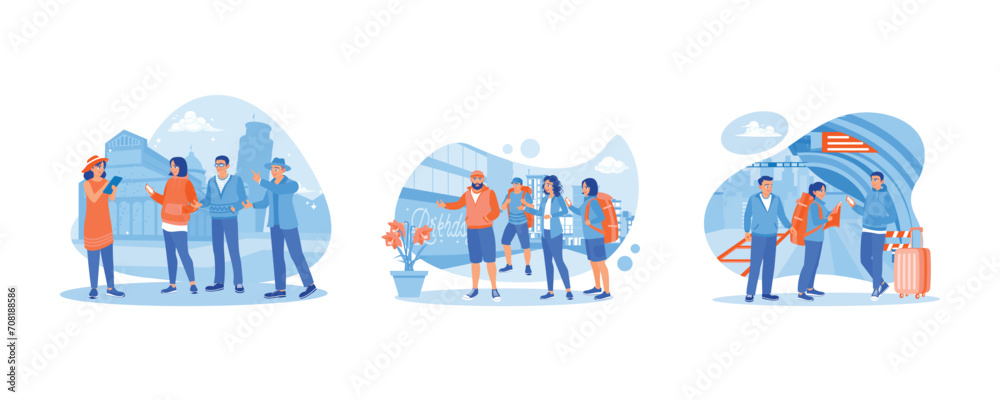 Listen to the guide talk about the Tower of Pisa. I have a bearded male tour guide. Tourists on the train station platform. Set Flat vector illustration.