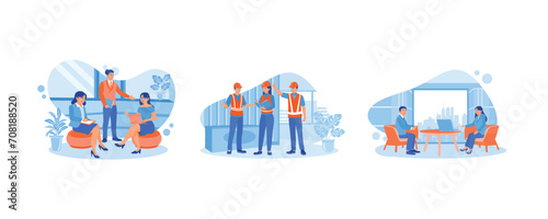 Collaborative process of business teams. Discussion of the work of engineers and architects. Banker and client discussing. Discuss Information concept. Set Flat vector illustration.