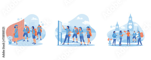 Guide and group of tourists. Read maps of tourist areas. Tour guide girl. Tourist Guide concept. Set Flat vector illustration.