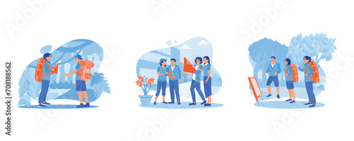 Tourists need help finding the map. Travel, vacation concept. Trekking on Forest Paths with a Guide. Tourist Guide concept. Set Flat vector illustration.