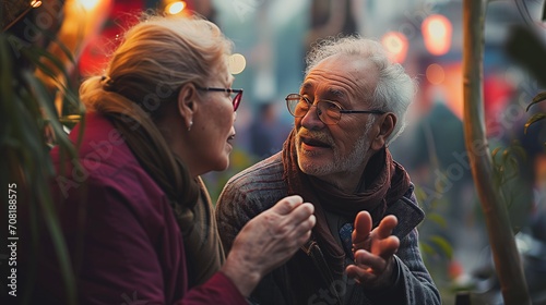 Two senior citizens wearing glasses enjoying a conversation in a public garden or park in the city, friends or old couple talking using their hands, they might be deaf and signing using sign language photo