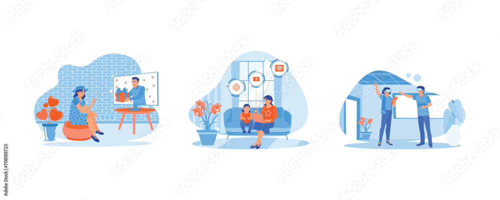 Long-distance relationships and virtual dating. Child and mother surfing the internet. Couple in virtual glasses. Virtual Relationships concept. Set Flat vector illustration.