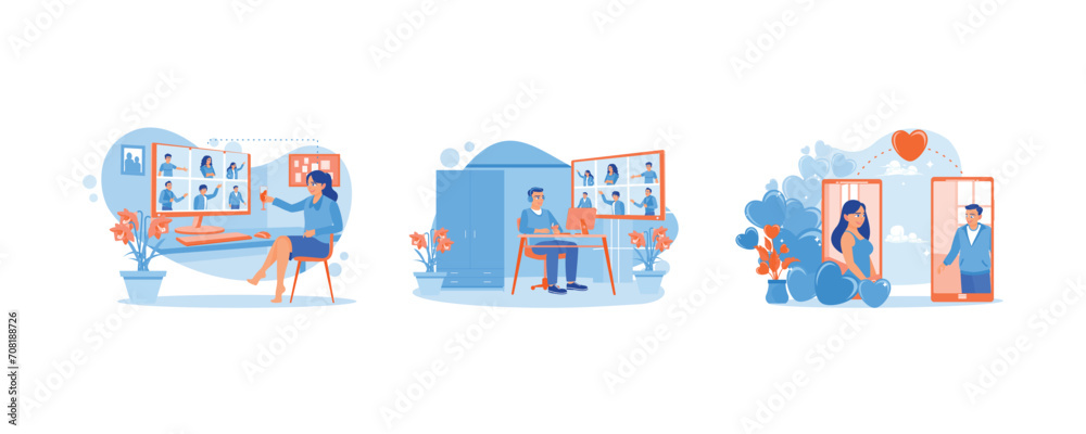 Virtual party. Video conference party online meeting. Long distance relationships. Virtual Relationships concept. Set Flat vector illustration.