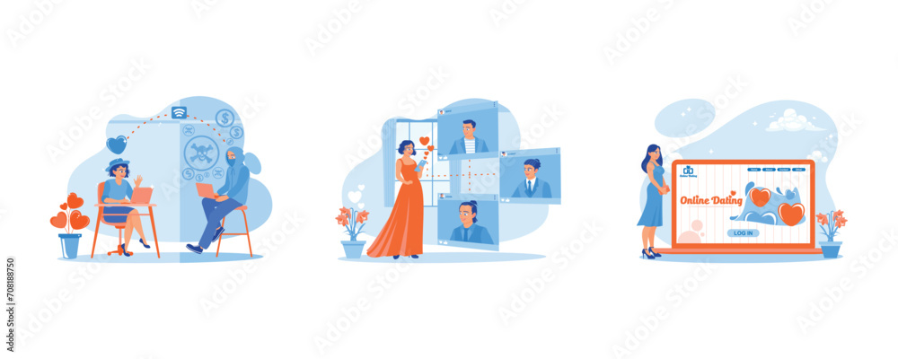 Obraz premium Online Dating concept. Online dating with a fake boyfriend. Woman visits online dating site. Set Flat vector illustration.