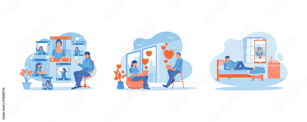 Online Dating concept. Visit online dating sites. Couples send love messages to each other. Man looking at a photo of girl. Set Flat vector illustration.