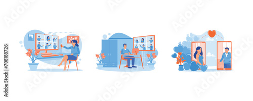 Virtual party. Video conference party online meeting. Long distance relationships. Virtual Relationships concept. Set Flat vector illustration.