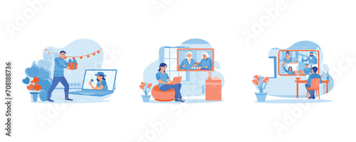 Show prizes online. Online call with his mother and father. Festive online celebration with friends. Virtual Relationships concept. Set Flat vector illustration.