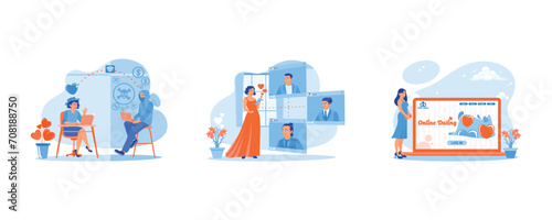 Online Dating concept. Online dating with a fake boyfriend. Woman visits online dating site. Set Flat vector illustration.