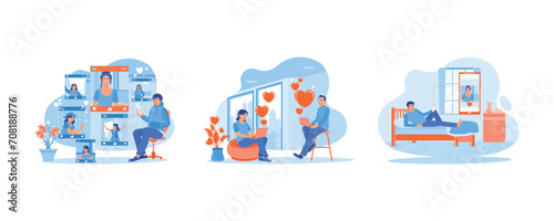 Online Dating concept. Visit online dating sites. Couples send love messages to each other. Man looking at a photo of girl. Set Flat vector illustration.