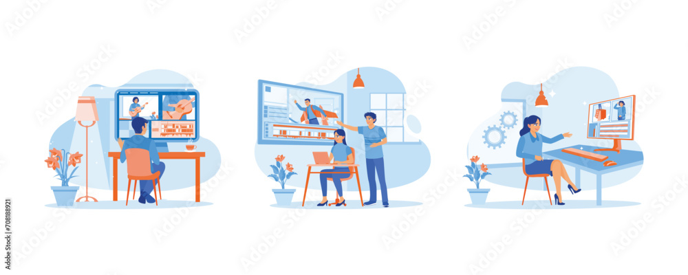 Video Editor concept. They are working on post-production of a film. Give each other input for video editing. The video editor checks the results. Set Flat vector illustration.