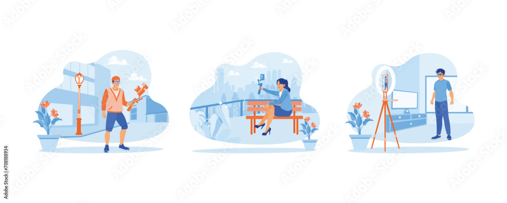 Content Creator concept. Young male vlogger travels. Women are making daily vlogs and explaining something while being recorded. Set Flat vector illustration.