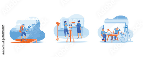 Content Creator concept. Making a video on a trip to the mountains. Cooking content. Two guys are doing a podcast. Set Flat vector illustration.