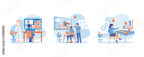 Video Editor concept. They are working on post-production of a film. Give each other input for video editing. The video editor checks the results. Set Flat vector illustration.