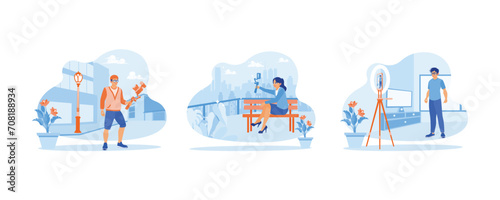 Content Creator concept. Young male vlogger travels. Women are making daily vlogs and explaining something while being recorded. Set Flat vector illustration.