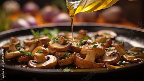 Closeup of a drizzle of olive oil over a mix of sautÃ©ed mushrooms and onions. photo