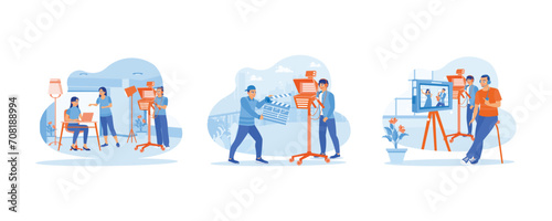 Video Editor concept. Cameraman with assistant and female model working. Man holding a film clapper and a camera operator and filming a music event. Set Flat vector illustration.