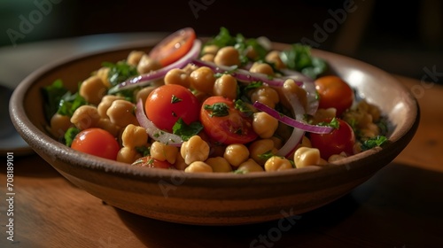Chickpea salad with tomato and red onion . The background is a mix of bright colors and patterns, and there s a sense of movement in the lines and shapes. The color temperature is warm and sunny, ad