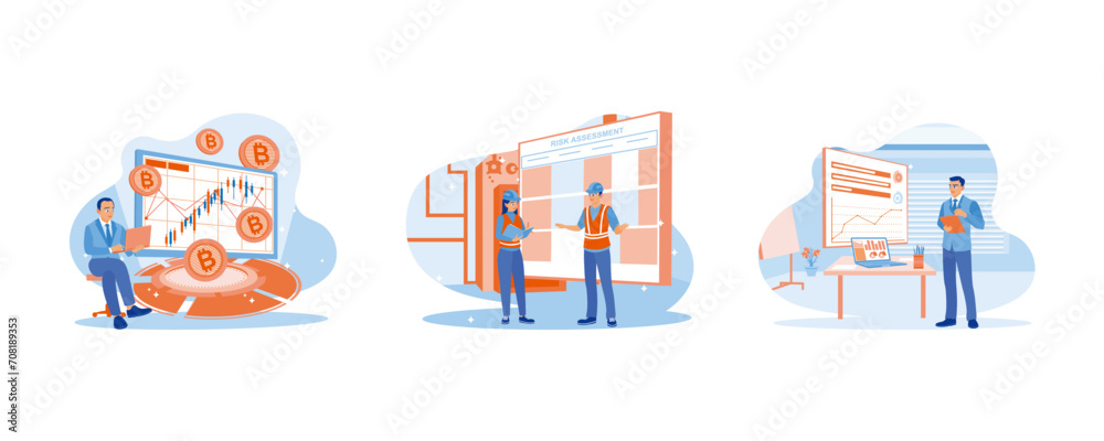  Finance control scenes concept. Floating Gold Bit coin. Industrial risk assessment and safety audit. Smart boss in a blue suit look. set flat vector modern illustration 
