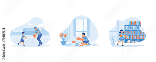 Children s Concept. Father and son playing football. Children playing with cars at home. The little girl is in the school library. set flat vector modern illustration 
