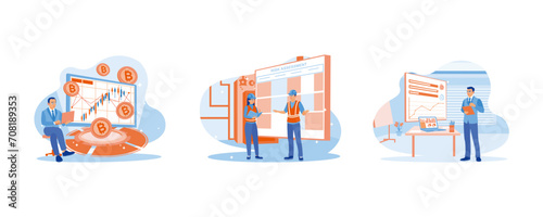 Finance control scenes concept. Floating Gold Bit coin. Industrial risk assessment and safety audit. Smart boss in a blue suit look. set flat vector modern illustration 