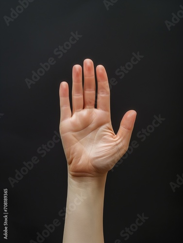 White hand on black background  hand with fingers extended  palm facing forward  thumb  index  middle finger  ring finger  pinky. Do something barehand. Nude  simple  empty woman or man s open hand.