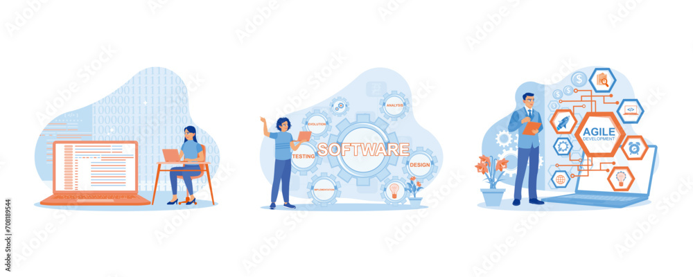 Software developer concept. They are developing programs on software. Computer experts develop software and automate business processes. set flat vector modern illustration 