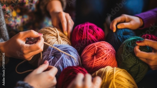 Closeup of a group of hands holding knitting needles and yarn, showcasing volunteer efforts to create warm clothing for the homeless or elderly. photo