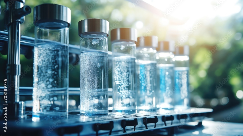 Detailed view of a water purifying system, with clear water being filtered and ready for communities in need. Detailed view of a water purifying system, with clear water being filtered and ready for communities in need.