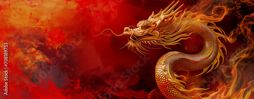 A banner with copy space featuring a golden dragon and red background. Chinese New Year concept photo