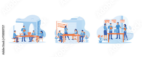 Business owners lead informal internal business meetings. Senior female CEO discussing company presentation at the meeting table. Planning and discussing new projects during meetings in the office. 