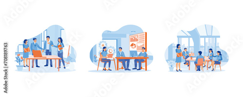 Fototapeta Naklejka Na Ścianę i Meble -  A diverse group of business people working using laptops. Businesswoman leading meeting with business colleagues in office. Work together and discuss with each other during meetings. 