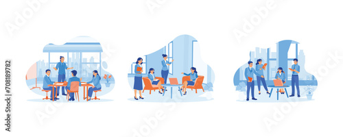 Business people in office workplace concept. Meetings with colleagues, discussions with colleagues. set flat vector modern illustration 