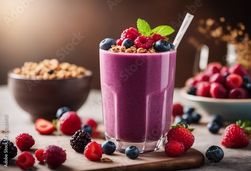 Fresh mixed berry smoothie topped with granola