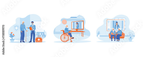  Elderly patient concept. Elderly patient wearing a mask. Senior man consulting online. Consult about health with a female doctor. set flat vector modern illustration 