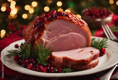 Holiday glazed ham for Christmas dinner with cranberry sauce