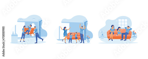 A couple of happy, funny parents concepts. A small family moves to a new house. Happy with mom and dad. Happy little family sitting together. set flat vector modern illustration 