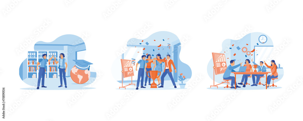 Success and happiness teamwork concept. Good collaboration results. Business team throwing confetti. Celebrating success due to good teamwork. set flat vector modern illustration Success and happiness teamwork concept. Good collaboration results. Business team throwing confetti. Celebrating success due to good teamwork. set flat vector modern illustration