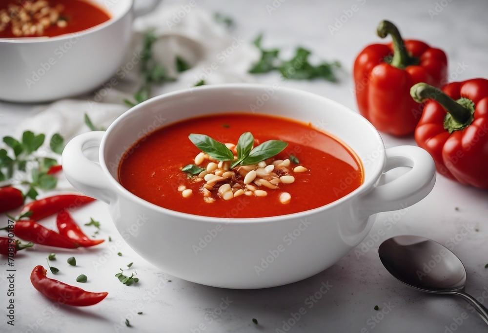 Roasted red pepper soup in white bowl Roasted red pepper soup in white bowl
