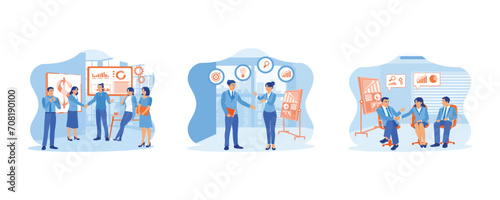 New employees concept. Meet and negotiate during meetings. Discuss the work process on a new project. Discuss together during meetings. set flat vector modern illustration